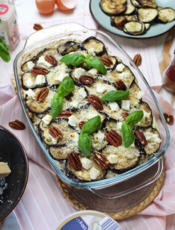aubergine lasagne met geitenkaas, spinazie en pecannoten koolhydraatarm